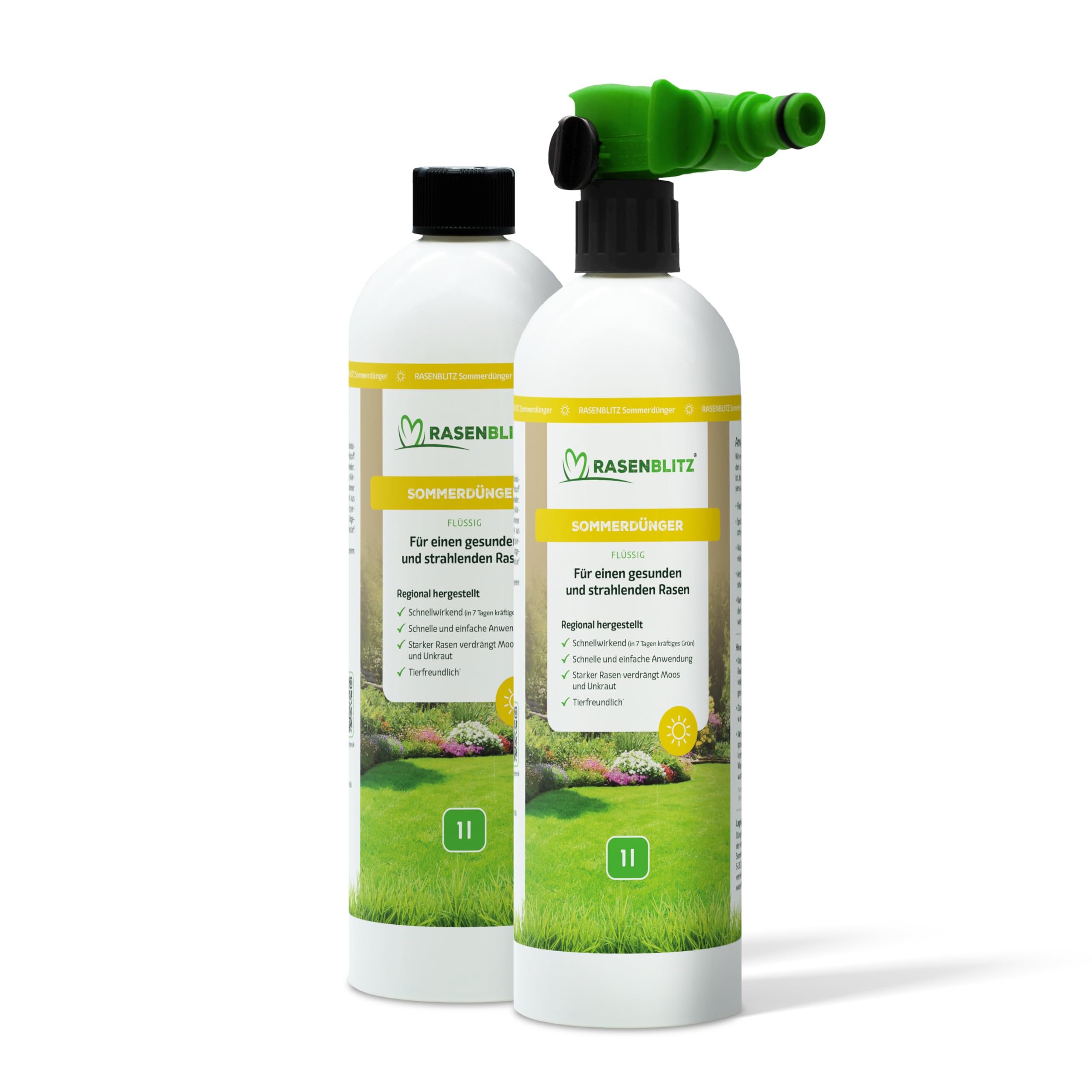 RASENBLITZ Rasendünger Sommer flüssig 2 L – flüssiger Rasendünger für starken Rasen trotz Hitze – ideal zur Ergänzung zu Rasensamen – inkl. Sprühflasche – Anwendung direkt am Gartenschlauch