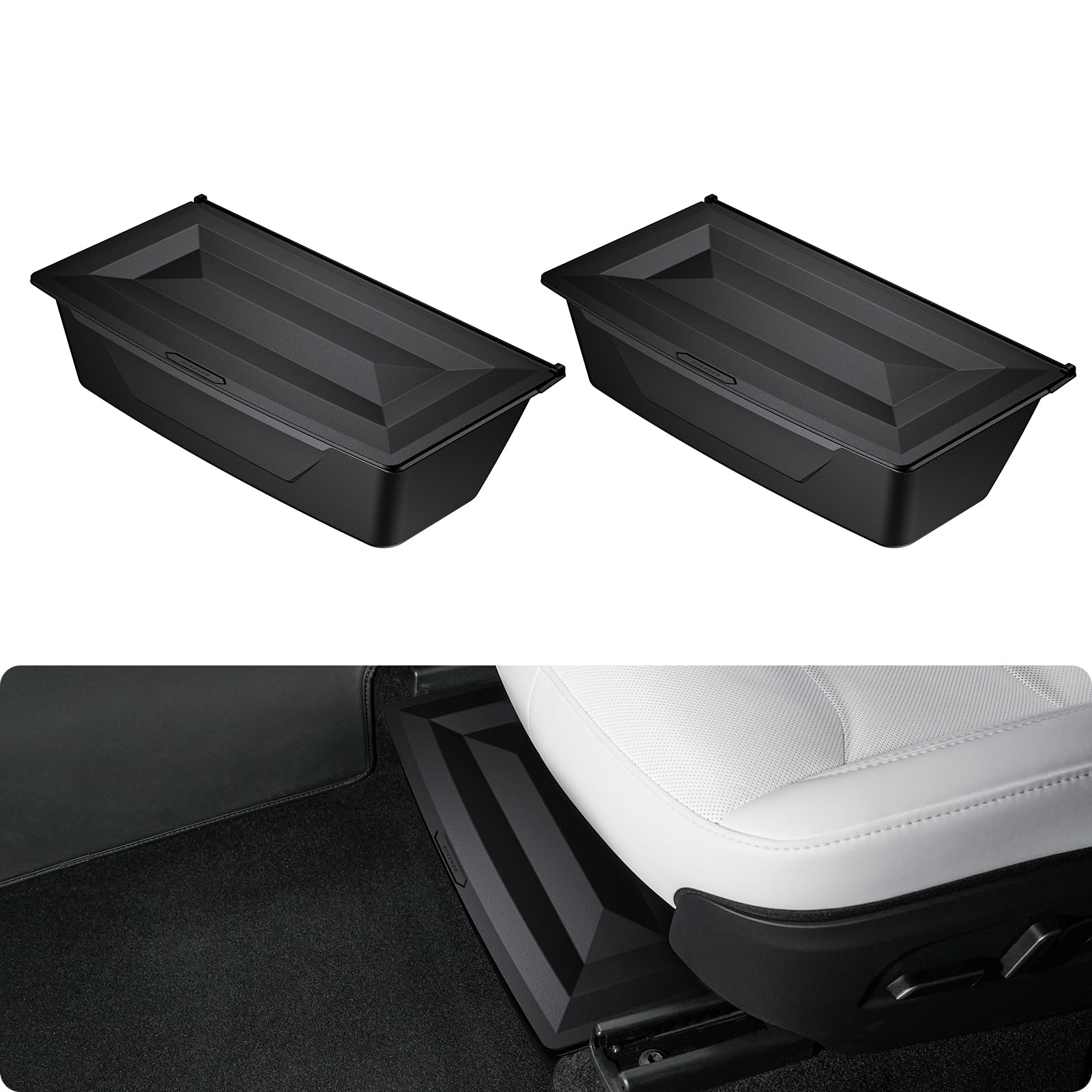 Photo 1 of BASENOR 2PCS 2026 Tesla Model Y Juniper Under Seat Storage Box, Hidden Organizer Tray [No-Slip] with Dust Lid, Underseat Storage for 2025 2026 Model Y Juniper