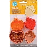 R&M Autumn Theme Pastry & Cookie Stamper set of 4. Assorted Designs & Colors, Turkey, Acorn, Pumpkin, Oak leaf. 2 Inch Assorted Color Cookie Cutters