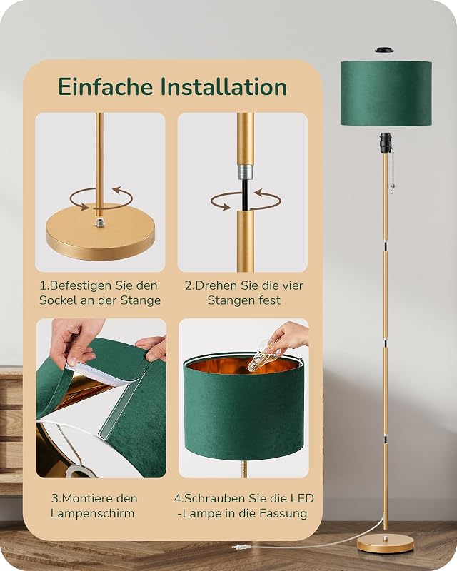 Stehlampe Wohnzimmer, Samt-Lampenschirm, Grün & Gold