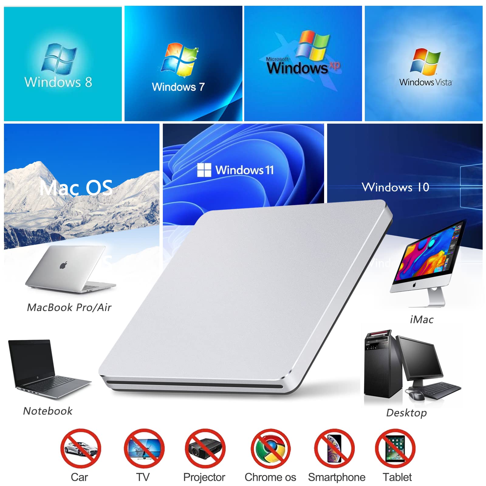 Guamar External CD Drive for Mac: USB 3.0 Superdrive for Apple MacBook - Slim & Portable Slot-in DVD Burner for Laptop PC Windows with USB-C Adapter - Plug & Play Aluminum (Silver)