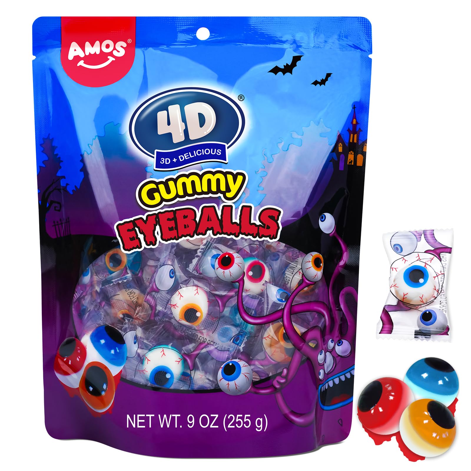 Photo 1 of Amos Gummy Eyeball Halloween Candy Eye Candy Treats for Kids & Parties, 3D Gummy Eyeballs, Individually Wrapped,Sharing, 9oz Bag
