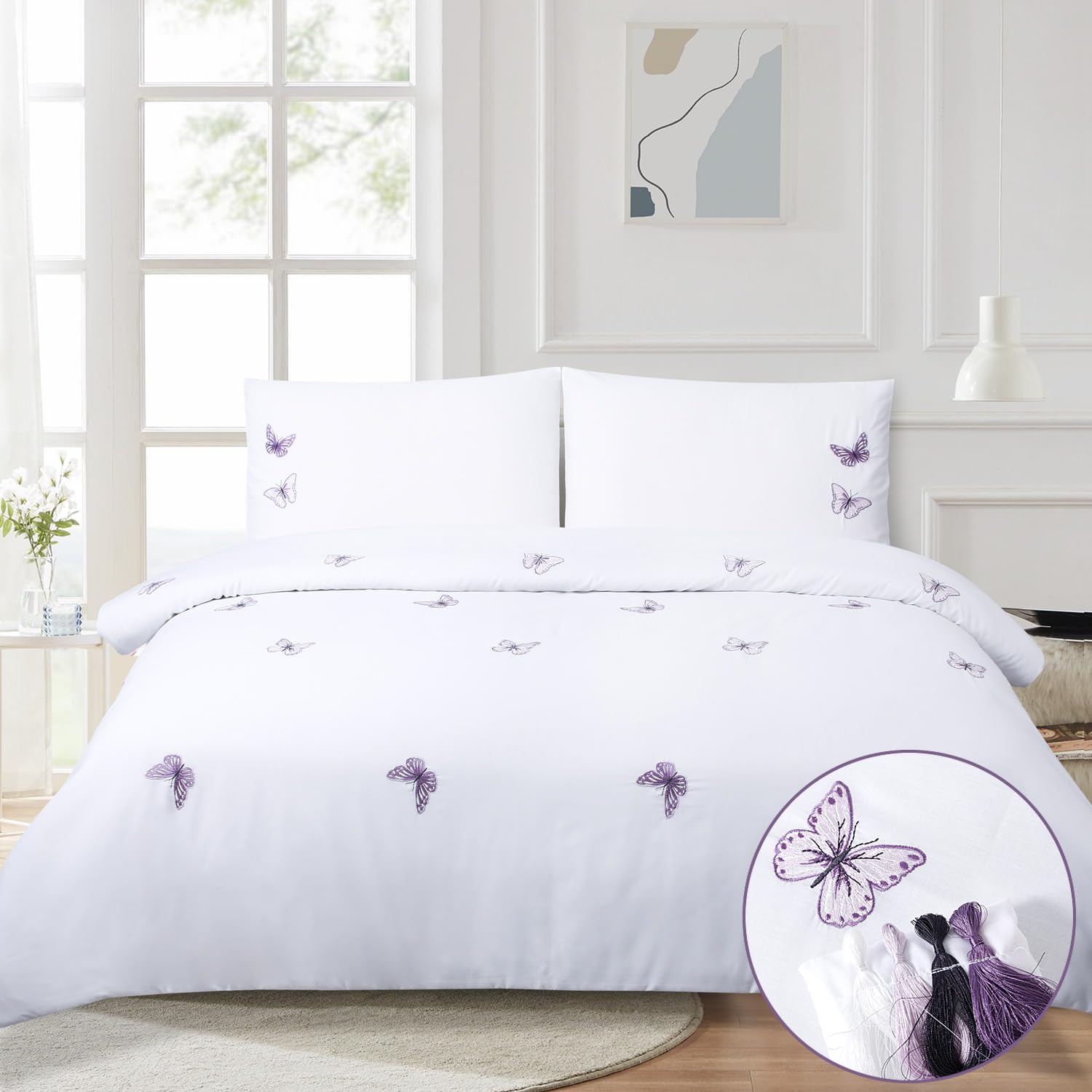 Chlophy Purple Butterfly Duvet Cover Embroidered Double White Girls Spring Duvet Sets Pink Lavender Elegant Pretty Luxury Kids