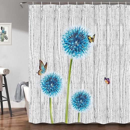Amazon Com Jawo Rustic White Gray Wood Barn Wall Shower Curtain Fabric Teal Blue Dandelion Flower Butterflies On Vintage Wooden Board Print Cloth Shower Curtains For Bathroom Bath Accessories Include 12 Hooks Home