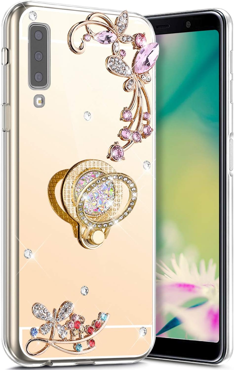 Robinsoni Case Compatible with Samsung Galaxy A7 2018 Phone Case Silicone TPU Cover Galaxy A750 Flexible Case 360 Degree Rotation Ring Case Kickstand Cover Sparkle Bling Phone Cover Gel Soft Case Gold
