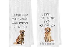 Geqtt Golden Retriever Dish Towels Set - Golden Retriever Waffle Weave Kitchen Towels, Gold, 16x24 Inches, 2-Pack
