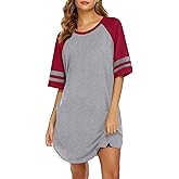 Ekouaer Cotton Nightgowns for Women Short Sleeve Sleep Shirts Crew Neck Night Shirts Soft Color Block Night Gown