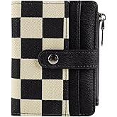 Women's RFID Blocking PU Leather Bifold Wallet-Compact Design with 8 Card Slots,ID Window,Snap Button Closure|Stylish Checkered Pattern,Multiple Colors|Secure&Functional for Daily Use(Checkered black)