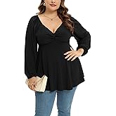 Purple Pocket Womens Plus Size Tops Long Sleeve Twist Knot V Neck Shirts Casual Loose Tunic Blouse Fall and Winter