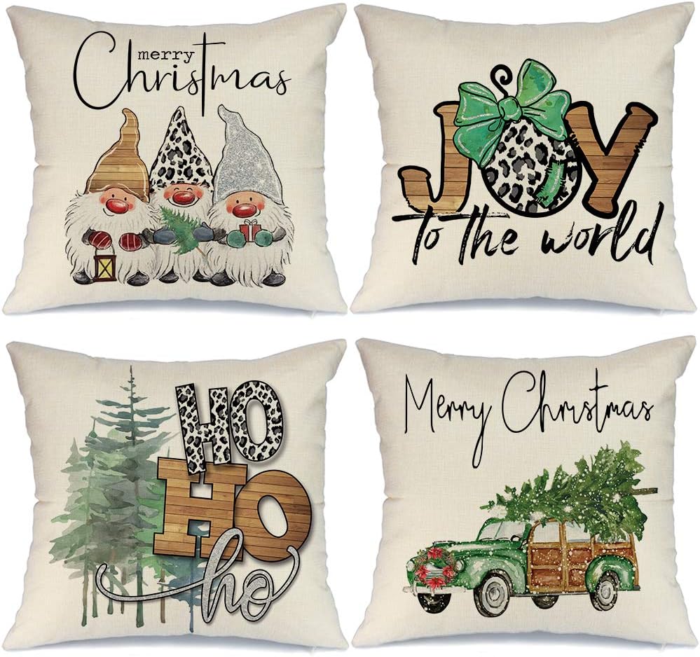 AENEY Christmas Pillow Covers 20x20 Set of 4, Joy Gnome Truck Christmas Tree Rustic Winter Holiday Throw Pillows Farmhouse Christmas Decor for Home, Xmas Decorations Cushion Cases for Couch A312-20