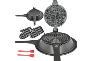 Cast Iron Waffle Maker with Low Base, Retro Waffle Iron with Five Waffles Shapes, Pre-Seasoned Two Piece Hinged Non-Drip Doub
