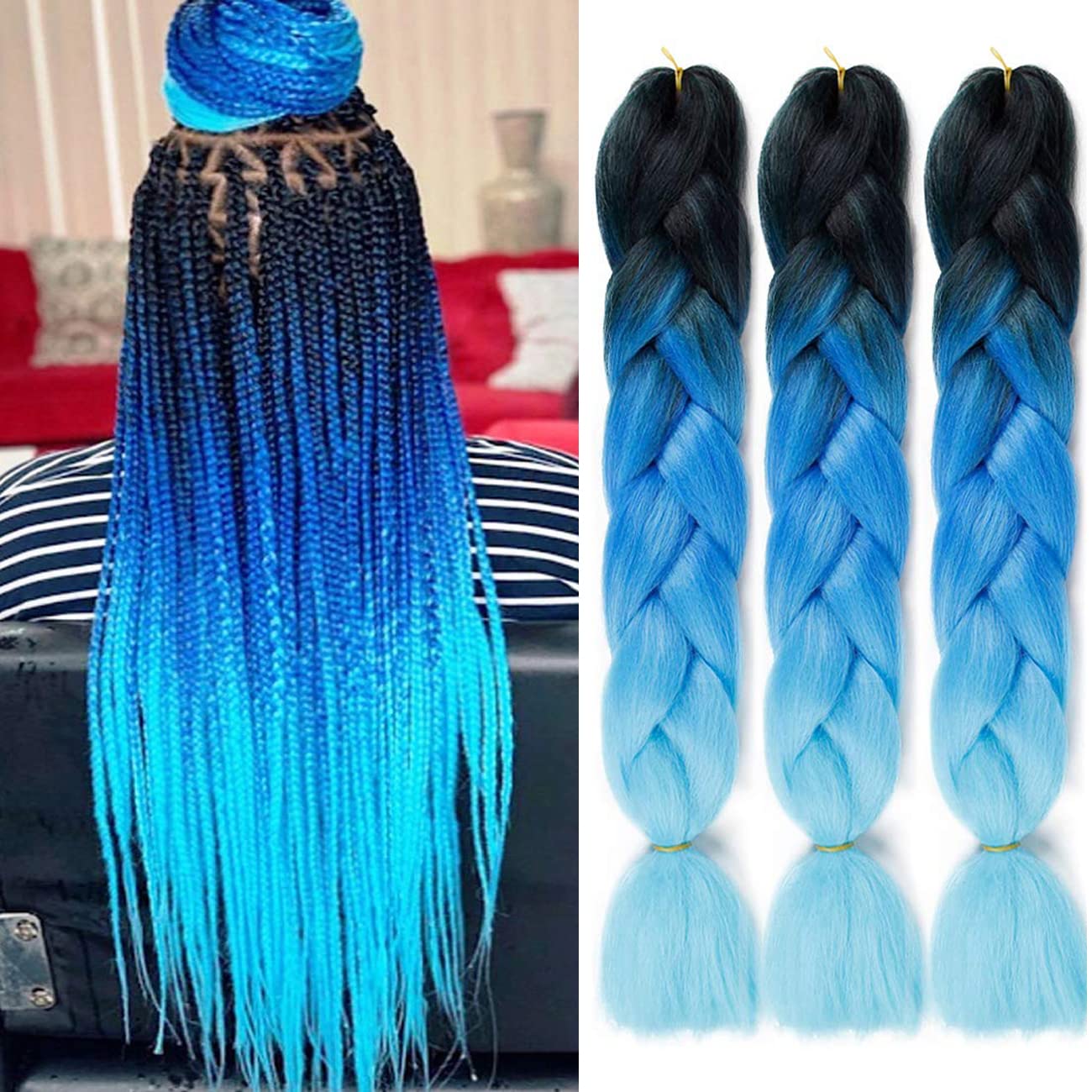 Colorfulpanda Jumbo Braiding Hair Extensions for Womens Ladies Ombre Color Pre Stretched Yaki Texture Synthetic Hair Extensions Artificial 24inch 3 Pieces Black/Sky Blue/Light Blue โ image 1