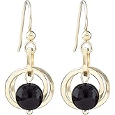 Dainty Short Real Black Onyx Gemstone Minimalist Dangle Earrings with 14k Yellow Gold-filled Circles Simple Designer Jewelry Gift Idea for Women (French Wire)