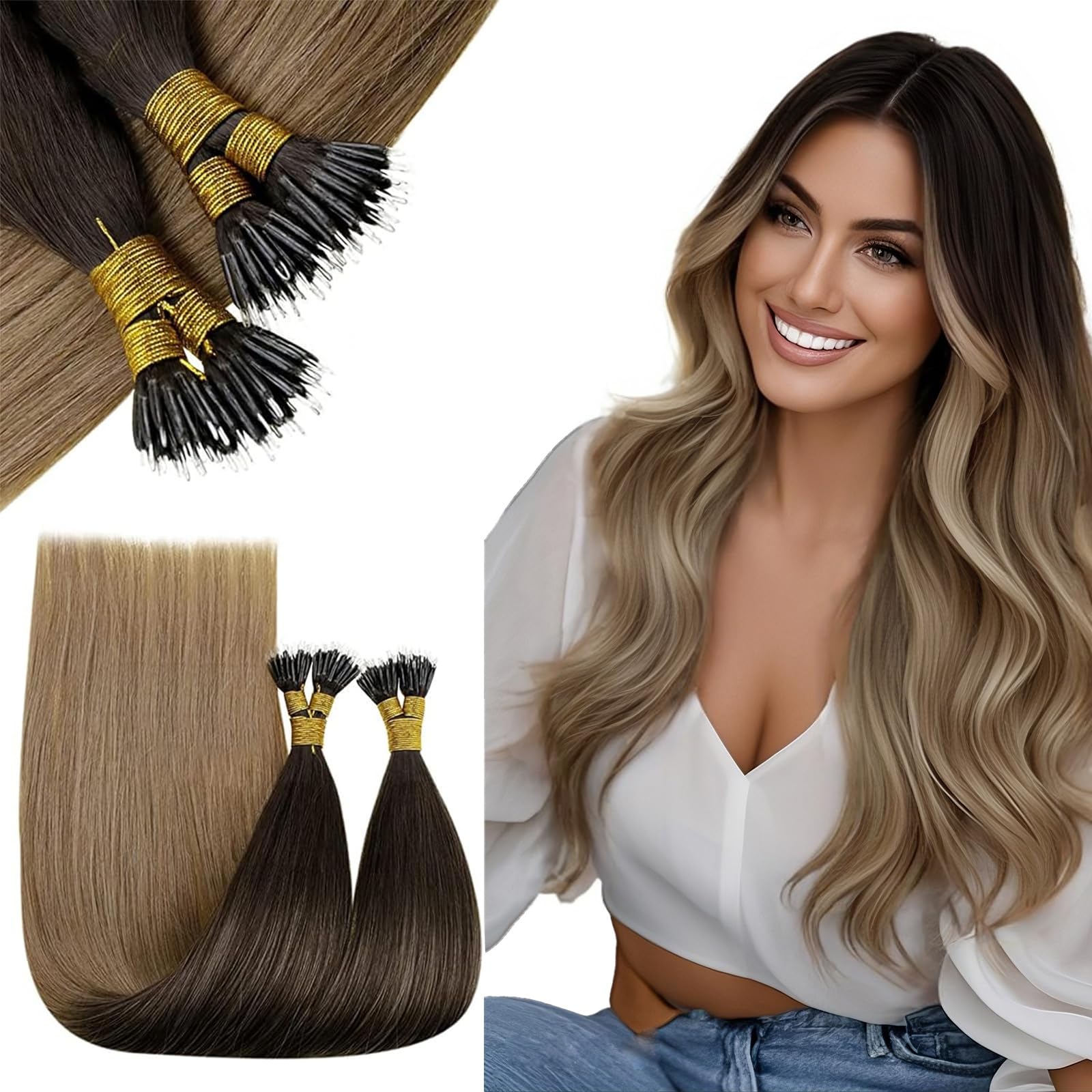 RUNATURE Nano Hair Extensions Real Human Hair 22 Inch Nano Beads Hair Extension Human Hair Balayage Darkest Brown to Brown for Daily Use Cold Fusion 50g 50s #2/6/18 — image 1