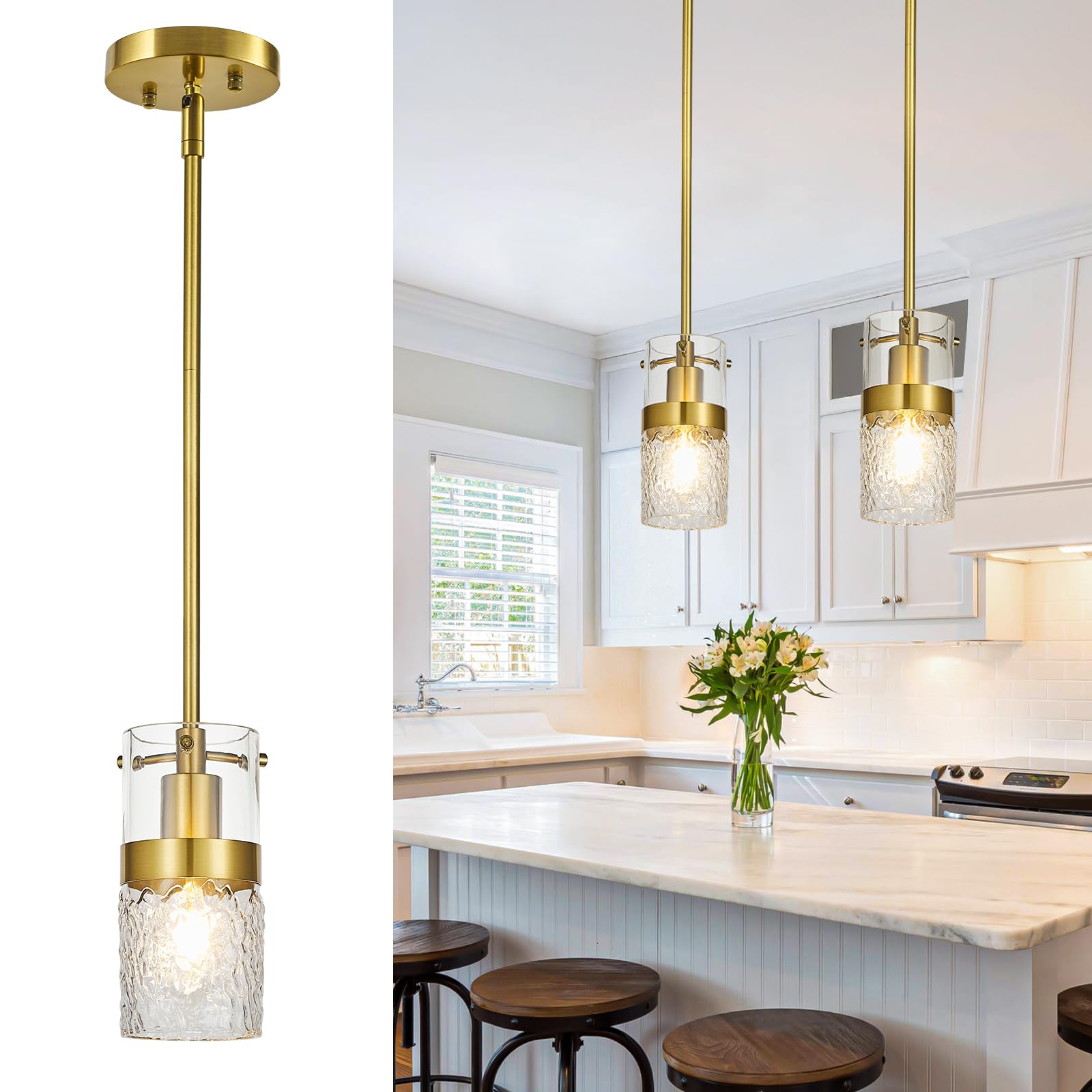 Photo 1 of **HANGING ROD FROM CEILING TO LIGHT ARE MISSING** BBLLWJ Modern Gold Pendant Light Adjustable Hanging Lighting Transparent Hammer Glass Chandelier for Kitchen Island Dining Room Bathroom Bedroom (2Pack)