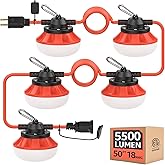Omlite 50FT Temporary Construction String Lights:50W 5500LM ETL Certified Industrial LED String Work Lights,IP65 Waterproof 18AWG Wire Super Bright for Garage Mine cave,with Hanging Hooks