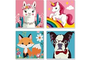 MXJSUA 4 Pack Cute Llama Fox Animals Paint by Numbers Kit with Framed Canvas for Kids, DIY Paint by Numbers Kits for Children