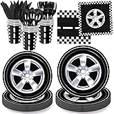 QIYANPAX 168 PCS Race Car Party Decorations - Cars Birthday Supplies Includes Plates, Napkins, Cups, Cutlery for Kids Boys Party, Serves 24