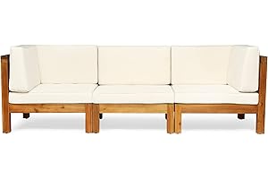 Great Deal Furniture Keith Outdoor Sectional Sofa Set | 3-Seater | Acacia Wood | Water-Resistant Cushions | Teak and Beige