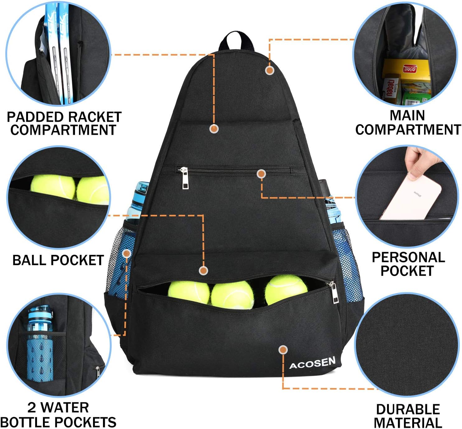 ACOSEN Tennis Bag Tennis Backpack - Large Tennis Bags for Women and Men to Hold Tennis Racket, Pickleball Paddles, Badminton Racquet, Squash Racquet, Balls and Other Accessories (Black) : Sports & Outdoors