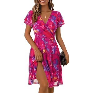 ZABERRY Womens Dresses Wrap V-Neck Knee Length Floral Mesh Wedding Guest