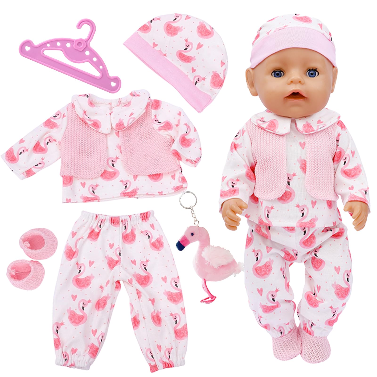 WanderGo Baby Doll Clothes for 14-18 Inch Doll New Dolls Clothes 6-Piece Outfits with Top + Pants + Socks + Hat + Hanger + Ornament Flamingo Motif Baby Doll Clothes for 35-45 cm Dolls (without doll)