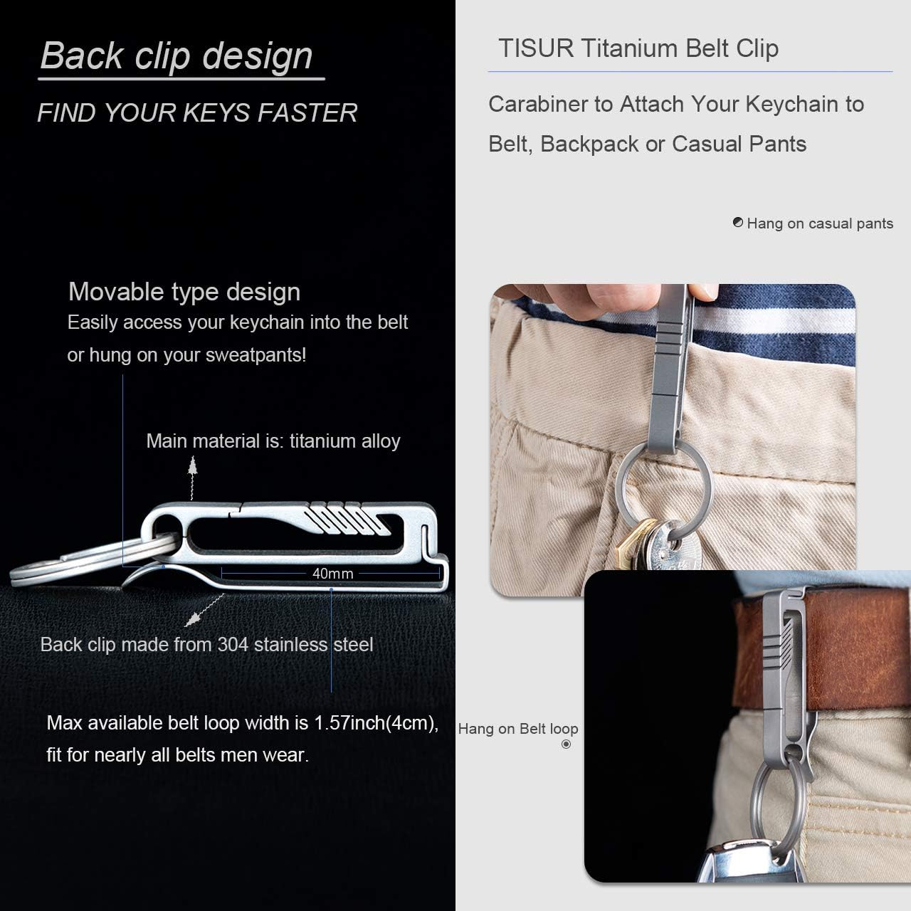 TISUR Belt Keychain Titanium Belt Loop Key Holder with Detachable Keyring for Men and Women (BK1) at  Men’s Clothing store