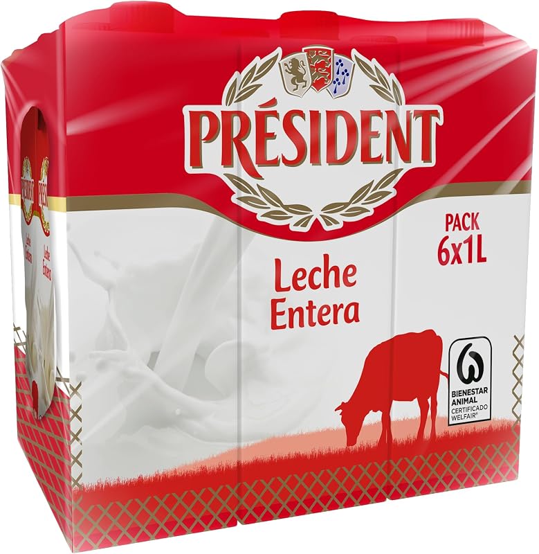 - Leche Président Entera, Leche Natural de Galicia, Fuente de Calcio y Proteínas,Sin Gluten, Bienestar Animal, Pack 6 x 1 L