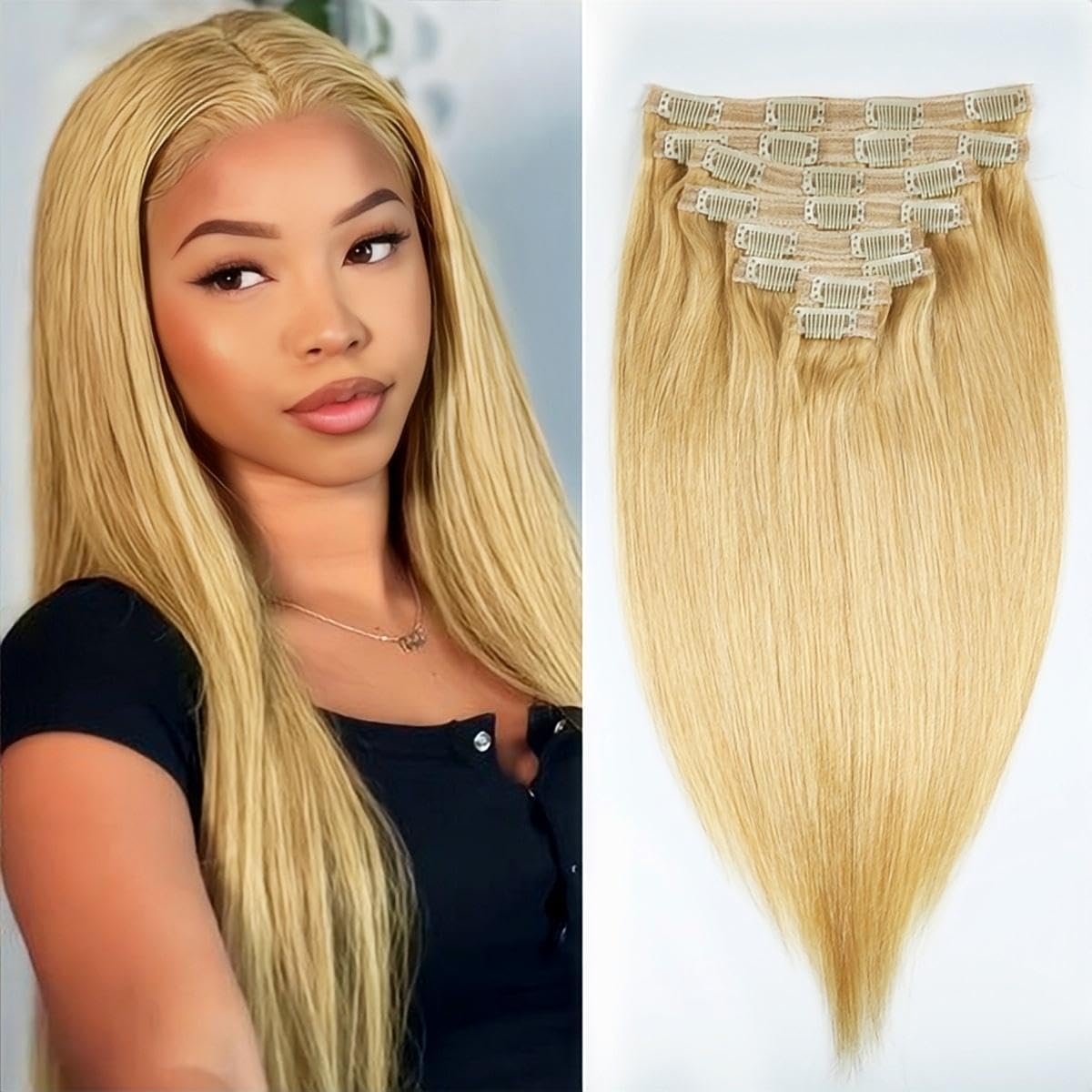 Sexycat Straight Hair Extensions Clip in 16 Inch 8Pcs 100g Clip in Hair Extensions Real Human Hair, #27 Honey Blonde Color Double Weft Hairpieces for Women — image 1