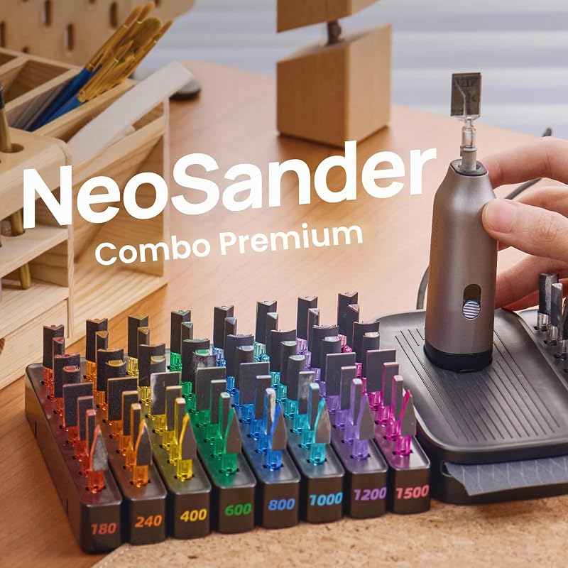 NeoSander Premium Combo – Kit Mini Levigatrice Reciprocante per Dettagli con 64 Testine Abrasive a Codice Colore, Stazione di Ricarica e Set di Carta Vetrata di Base, Idea Regalo per Stampa 3D
