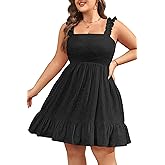 Talisea Women’s Plus Size Summer Dresses - Casual Eyelet Square Neck Sleeveless Smocked Ruffle A-Line Cute Short Sundress