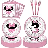 80 Pcs Pink 3rd Birthday Party Tableware Pink Wild Three Paper Plates Napkins Forks for Girls Three Years Old Birthday Party Supplies Decorations