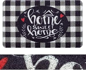 RORA PVC Outdoor Indoor Welcome Doormat Black White Buffalo Check Rugs Home Sweet Home Plaid Rug Rubber Backing Non-Slip Entryway Rugs Shoes Mat Scraper Carpet for Garage Patio Garden(17.3"x29.5")