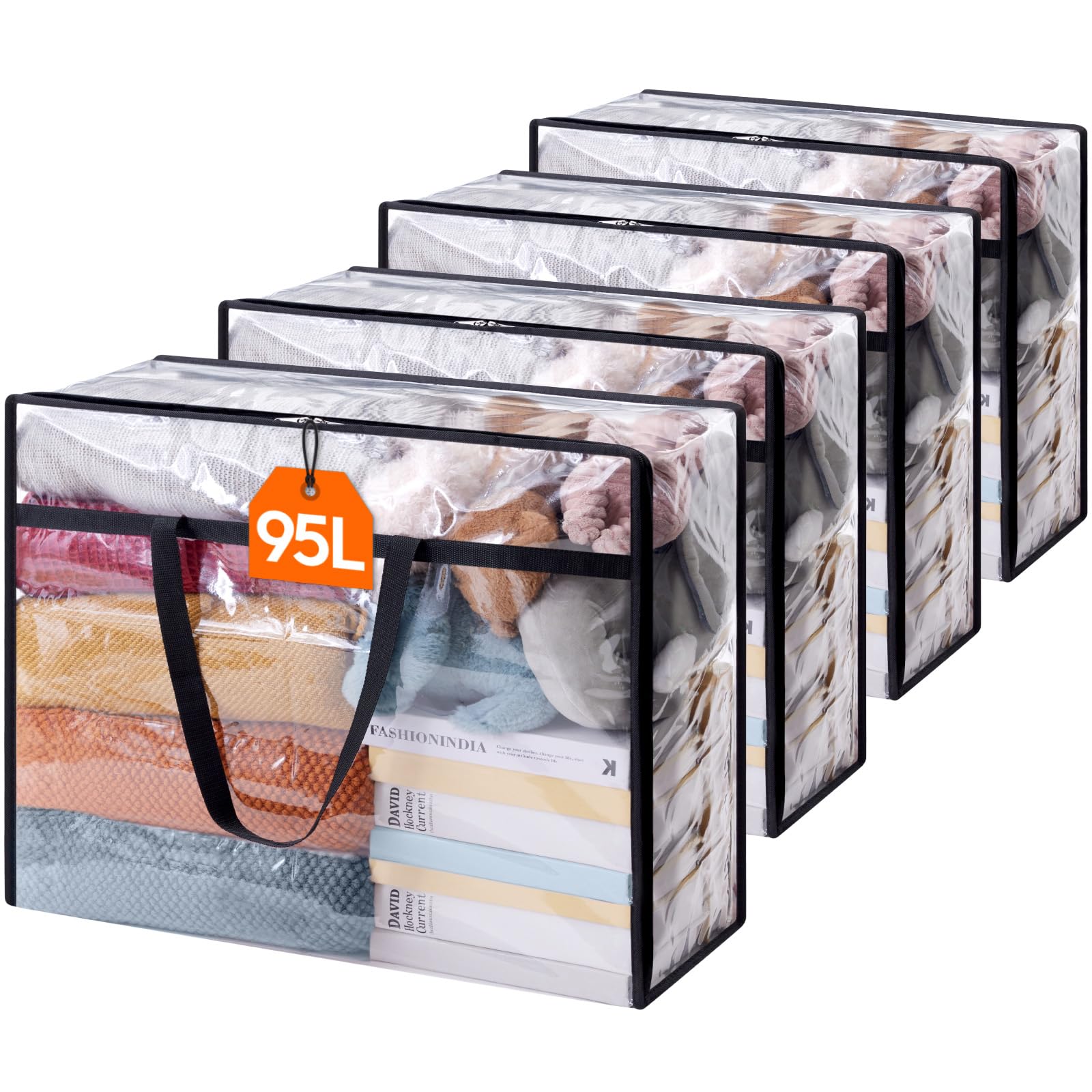 Lifewit 4 Pack Clear Plastic Storage Bags, 95L Foldable Clothes Storage Boxes Wardrobe Storage Organizer Moving Bags with Reinforced Handle for Loft Wardrobe for Bedding Clothes Blanket Duvet