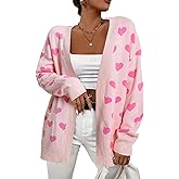 Heart Cardigan Valentines Sweater Women: Valentine Cardigan Love Print Open Front Knit Sweaters Outwear with Pockets