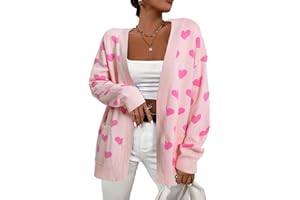 QLIPIN Heart Cardigan Sweater for Women Oversized Valentine Cardigan Cute Love Print Open Front Knit Sweaters Coat with Pockets