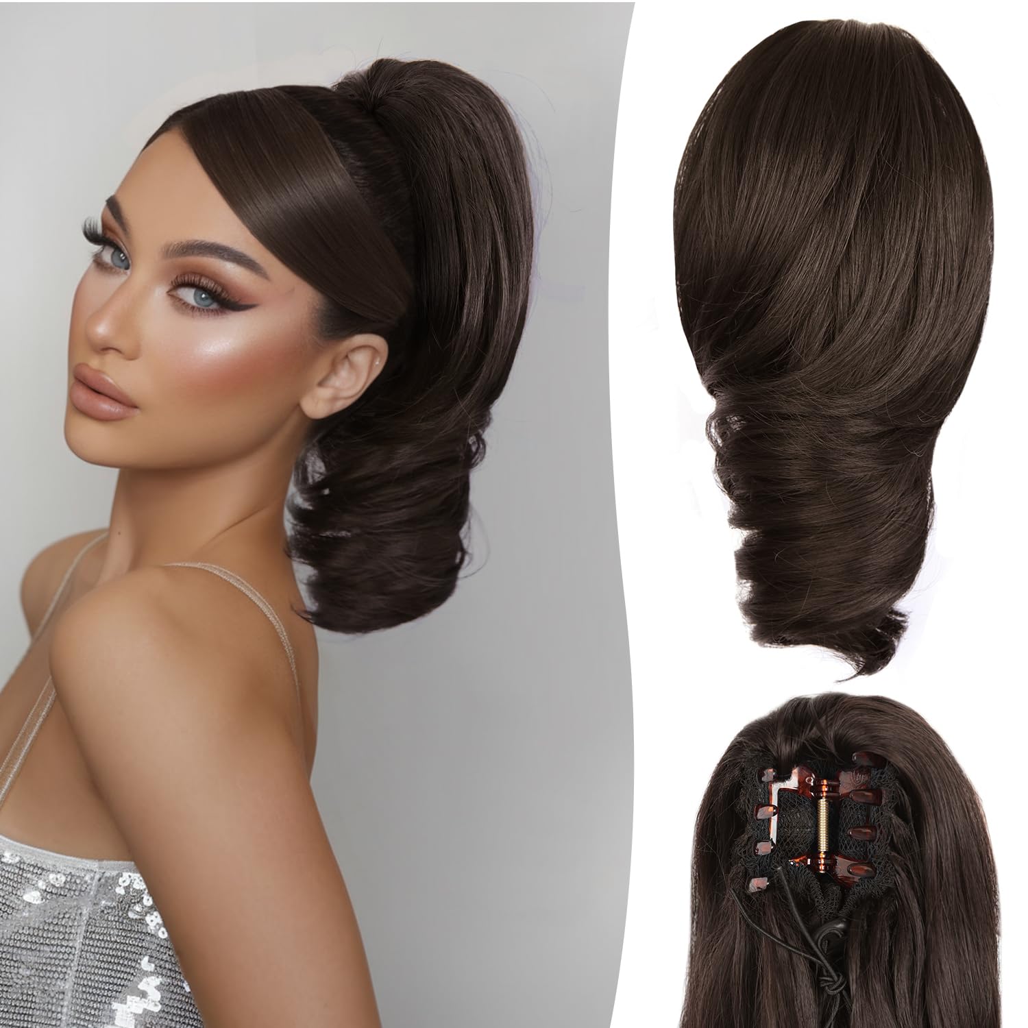 Photo 1 of Claw Clip Ponytail Extension - 12 Inch Short Ponytail Extension, Curly Pony Tails Hair Extensions, Synthetic Hair Extensions Ponytail, Clip On Ponytails for Women (Color: Dark Chocolate Brown)