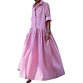 Sexyshine Women's Retro Plaid Button Down Long Sleeve Maxi Shirt Dress Loose Button Up Gingham Swing Pleated Long Dress