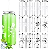 Vesici 12 Pack Halloween Party Plastic Cups with Lid and Straw 13.5 oz Clear Reusable Plastic Tumblers Bulk Skeleton Printed Design Cold Drink for Horror Party Birthday Supplies
