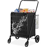 VEVOR Folding Shopping Cart with Removable Waterproof Liner, 210LBS Large Capacity Jumbo Grocery Cart with Dual Basket, 360°