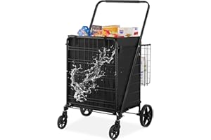 VEVOR Folding Shopping Cart with Removable Waterproof Liner, 210LBS Large Capacity Jumbo Grocery Cart with Dual Basket, 360° 