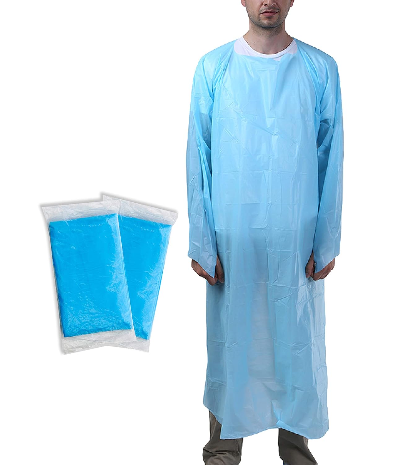 10 Pack Blue CPE Coat Aprons 35" x 45". Disposable Polyethylene Aprons