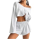 RoseSeek Women's 2 Piece Outfits Long Sleeve Off The Shoulder Crop Tops and Mini Shorts Casual Lounge Set
