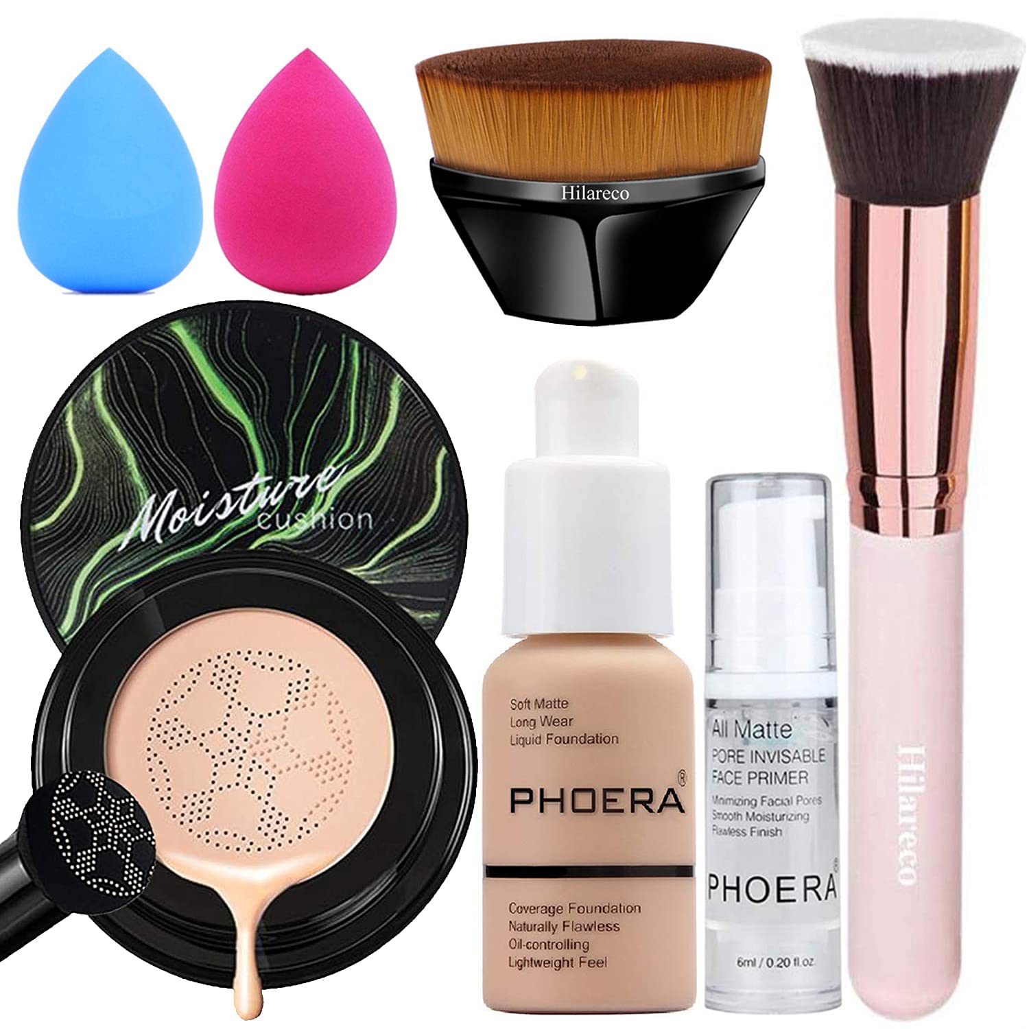 PHOERA Air Cushion CC Cream Natural Foundation, Full Coverage, Face Primer, Kabuki Brush Foundation Brush, Makeup Sponge (104 Buff Beige +04 Buff Beige)