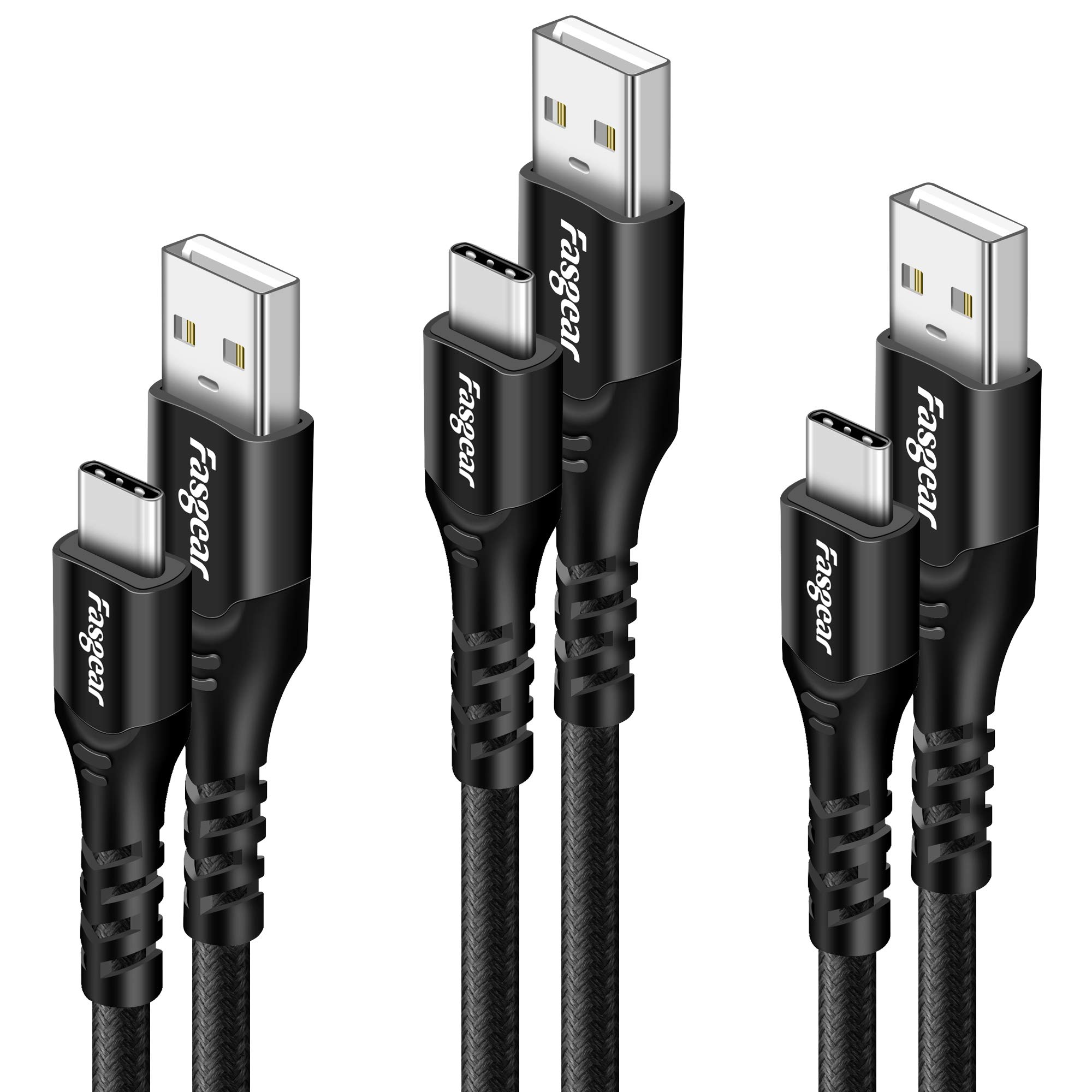 Fasgear USB-C to USB 2.0 Cable, 3 Pack 6ft USB Type C Nylon Braided USB C Fast Charging Cable Compatible with Moto G6 G7 Galaxy S10 S9 S8 A3 Oneplus 7 7pro Sony Xperia L1 XA2 Huawei P30 (Black)