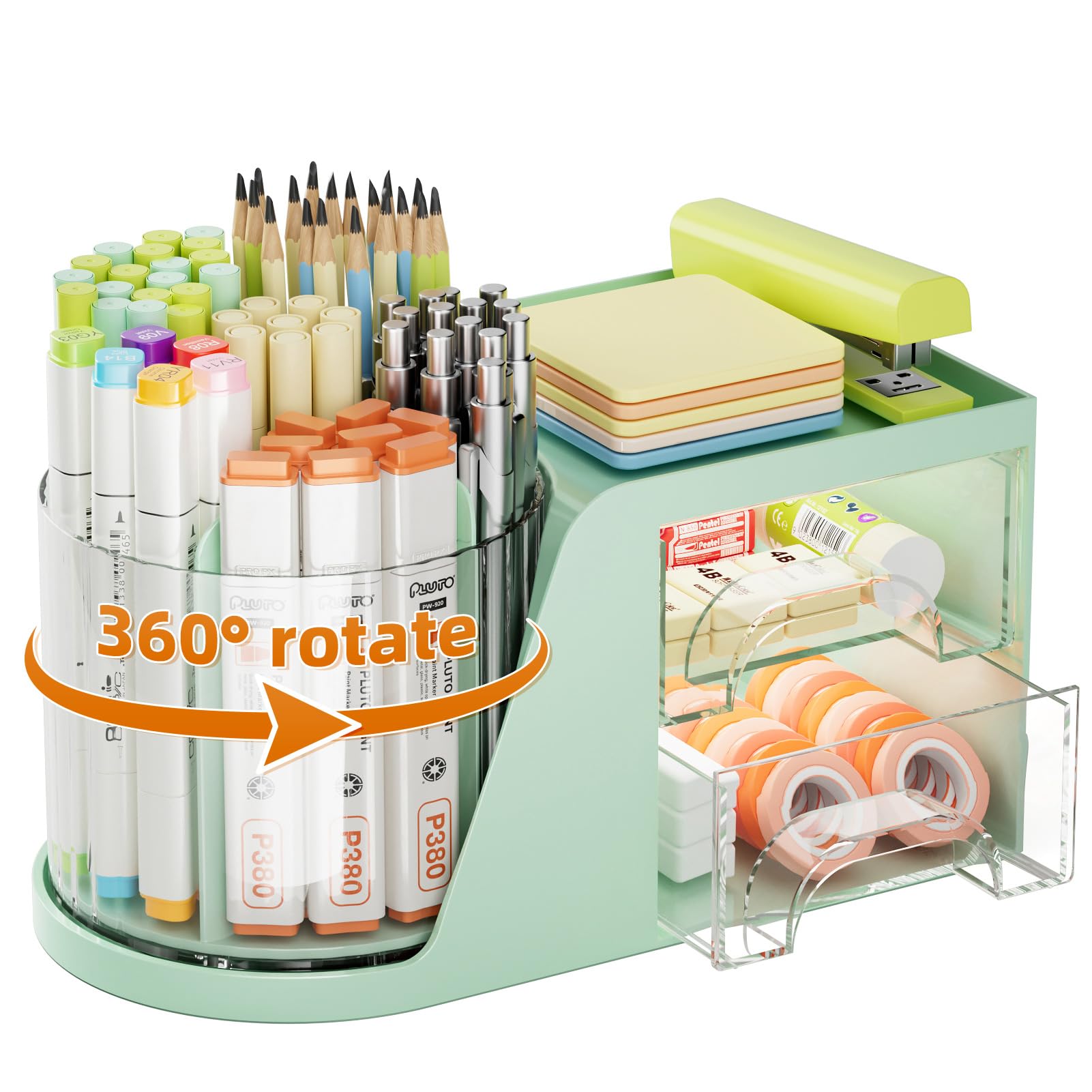 Photo 1 of Marbrasse Desk Organizer with 2 Drawer, 360°Rotating Pen Holder, Desk Organizers and Accessories with 6 Slots Pencil Holder + 2 Drawer, Art Supply Storage Box Caddy for Office (Green)