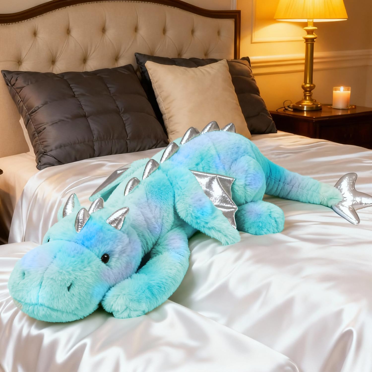 ARELUX Giant 50in 3Lb Big Colorful Green Dragon Large Stuffed Animals Cute Plush Toy Fuzzy Jumbo Teal Marble Dinosaur Pillow Plushies Cuddly Soft Green Pterosaur Plushie for Friends
