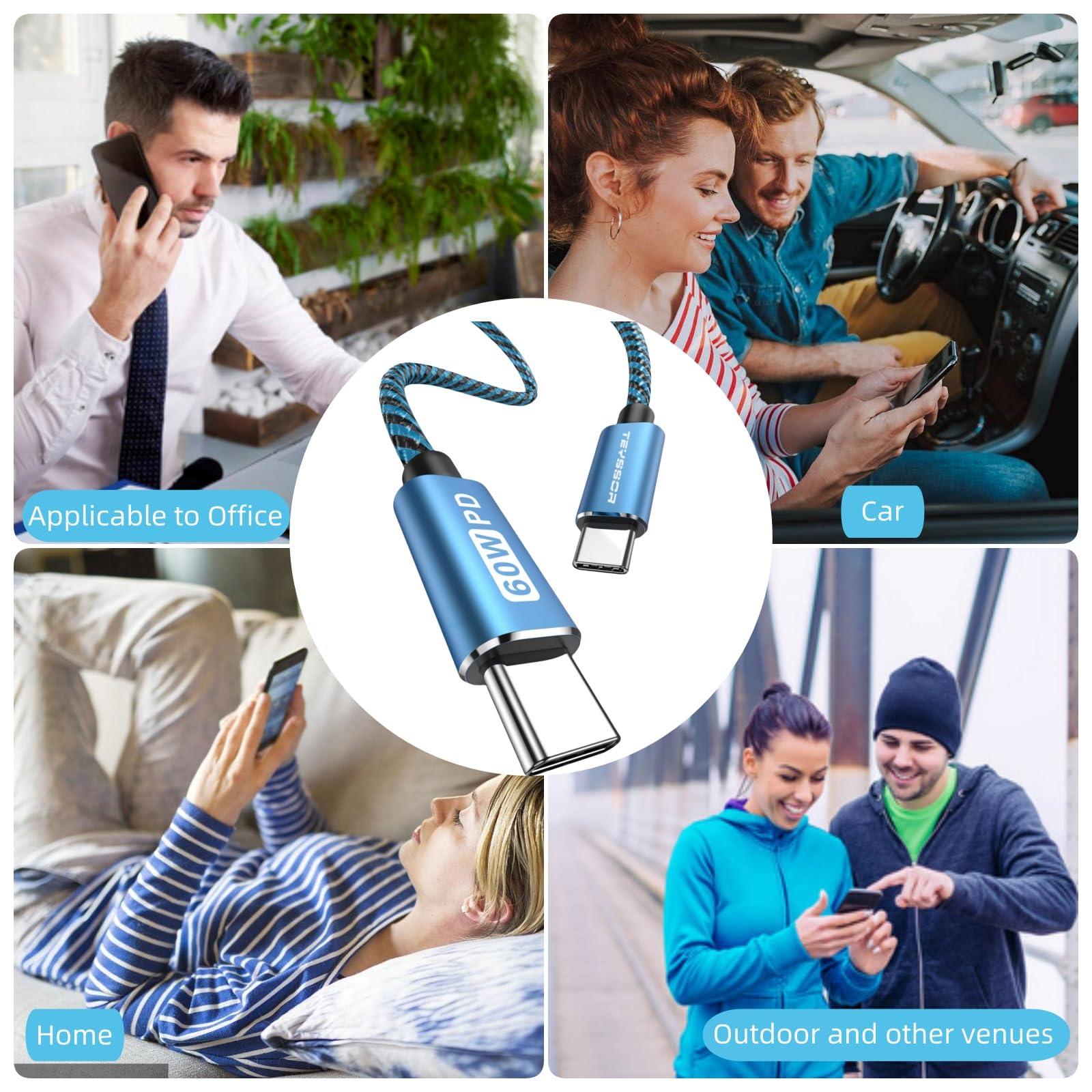 Teyssor 10FT 5-Pack USB C to USB C Cables, 60W Fast Charging, Compatible with Samsung S23/S22/S21, MacBook, Google Pixel, Smartphone, Tablet, Laptop
