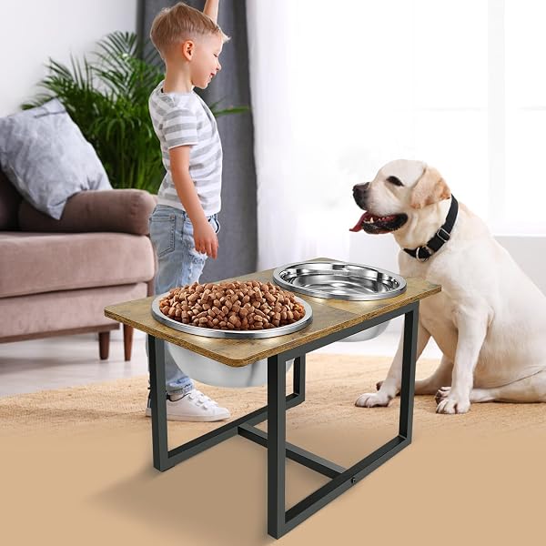 ELEVATED DOG BOWLS FOR LARGE DOGS, RAISED DOG BOWL STAND WITH TWO X-LARGE STAINLESS STEEL BOWLS FOR DOGS, 3.5L CAPACITY, RUSTIC BROWN