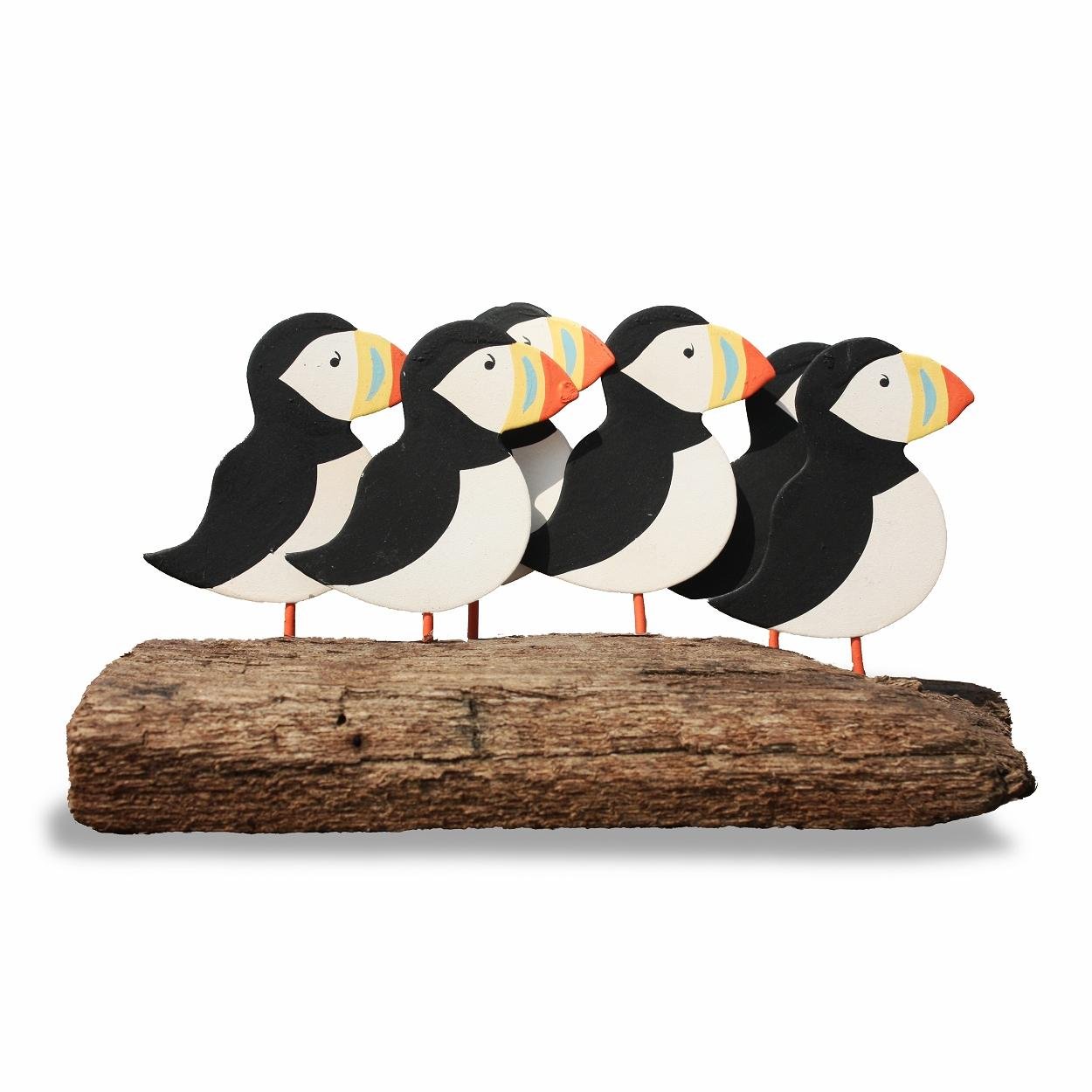 Flock of Puffins on Driftwood Base